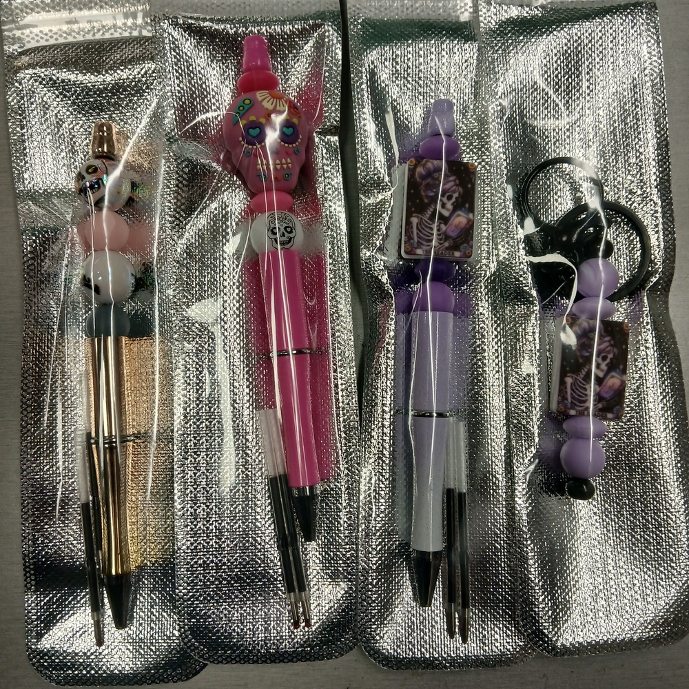 Colorful Skull Pens and Keychain Set